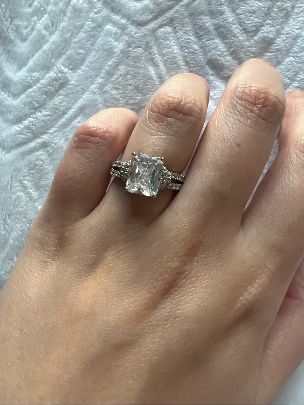 Silver Emerald-Cut Solitaire Engagement Ring - White